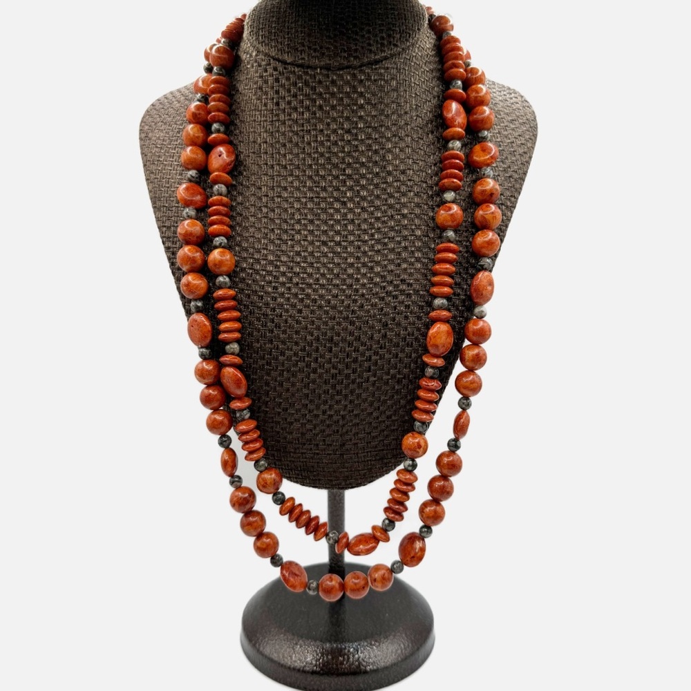 Coral and Jasper stone chunky beaded double strand necklace sterling silver